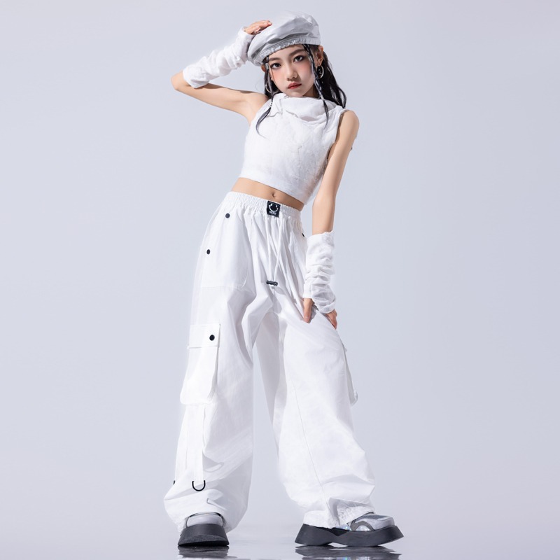 Girls' White Cockwork Pants Summer Thin Quick-drying American Pants High Waist Jazz Dance Casual 2024 New Style