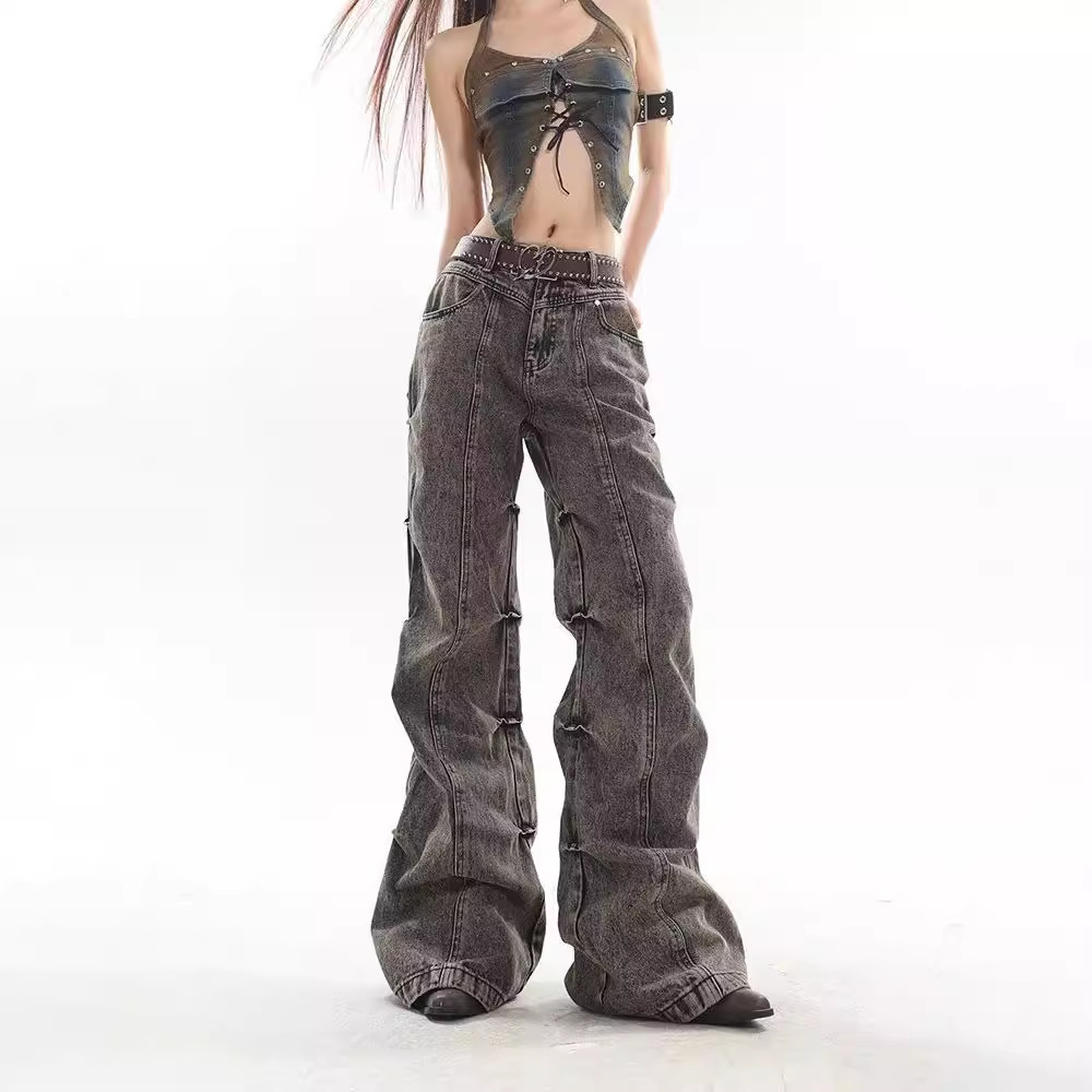 American-style High Street Vintage Old-fashioned Waste Soil Wind Washed Pleated Micro-lar Jeans Women's European and American Wide-leg Trendy Trousers