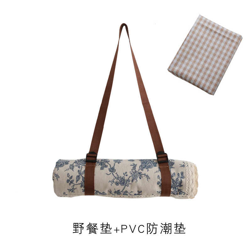 Picture of Vintage Korean ins Style Blue Floral Picnic Cloth Background Cloth Spring Camping Outdoor Outing Moisture-Proof Picnic Mat