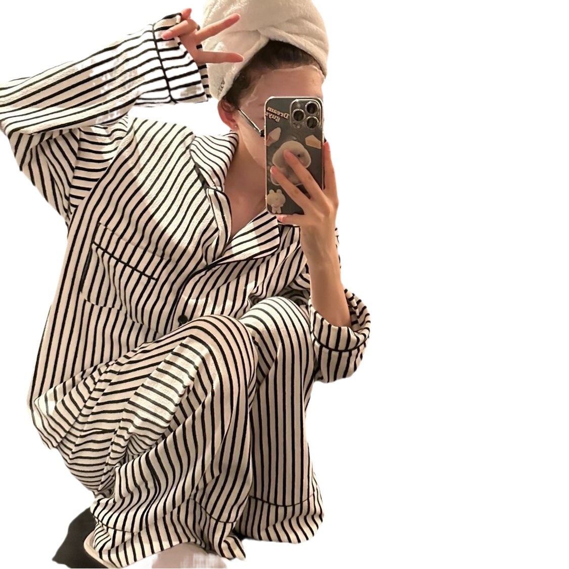 Pajamas women's spring and autumn simple black and white striped long sleeve lazy girl's outdoor home wear two-piece suit