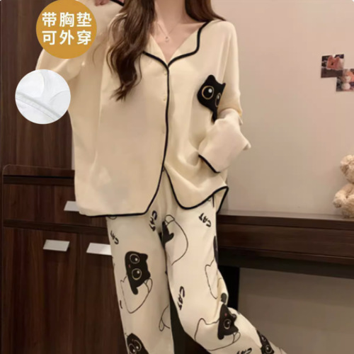 Pajamas Women's Spring and Autumn with Chest Pad New Long Sleeve Cardigan Women's Pajamas Cartoon Autumn Home Clothes suit Can Wear
