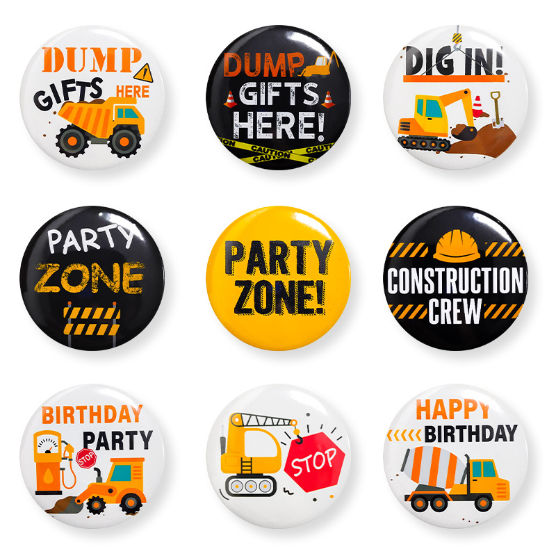 Amazon Cross-Border Engineering Vehicle Theme Badge Tinplate Baby Birthday Supplies Decorative Badge