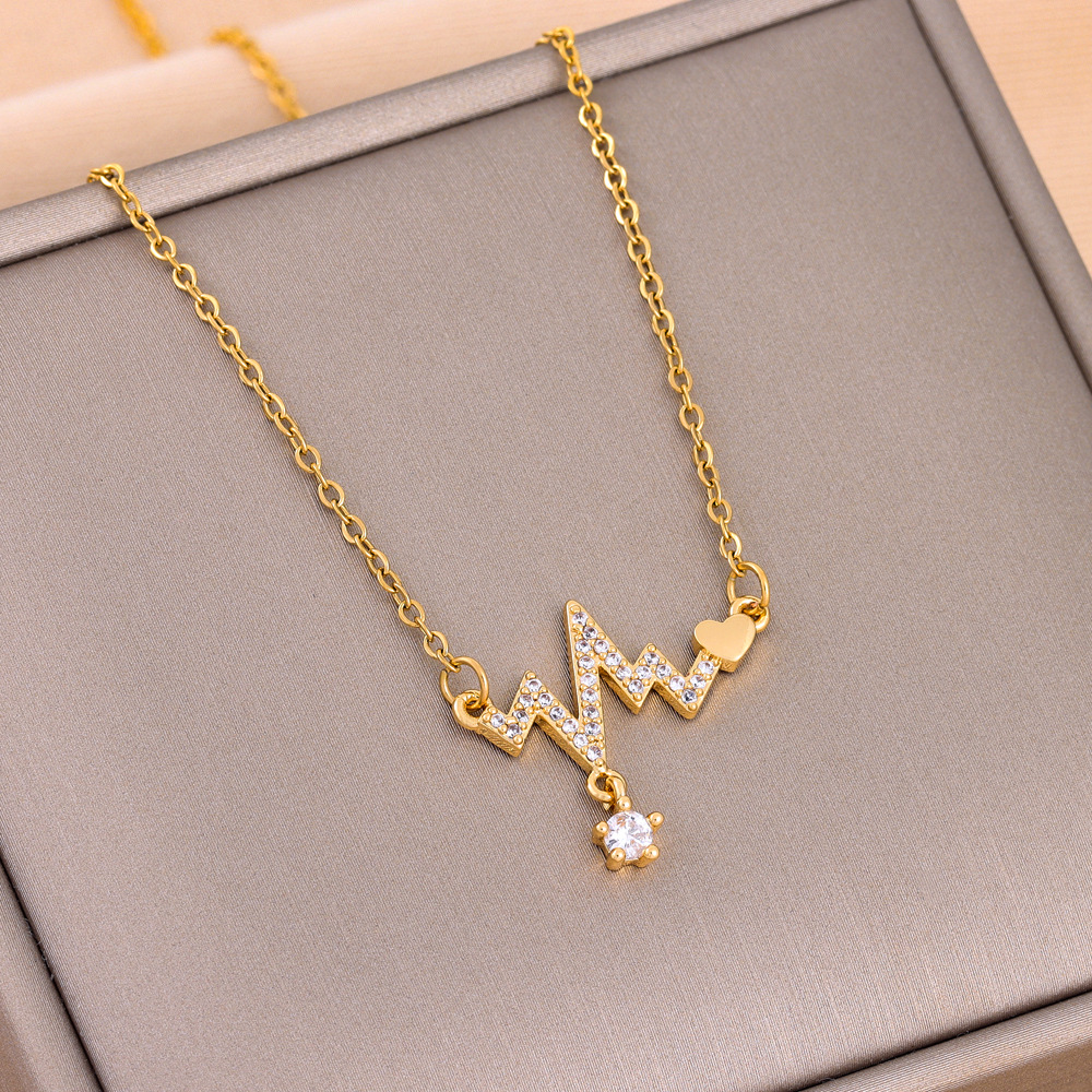 Live explosions sweet romantic micro-inlaid electrocardiogram titanium steel necklace temperament High sense Korean girl clavicle chain