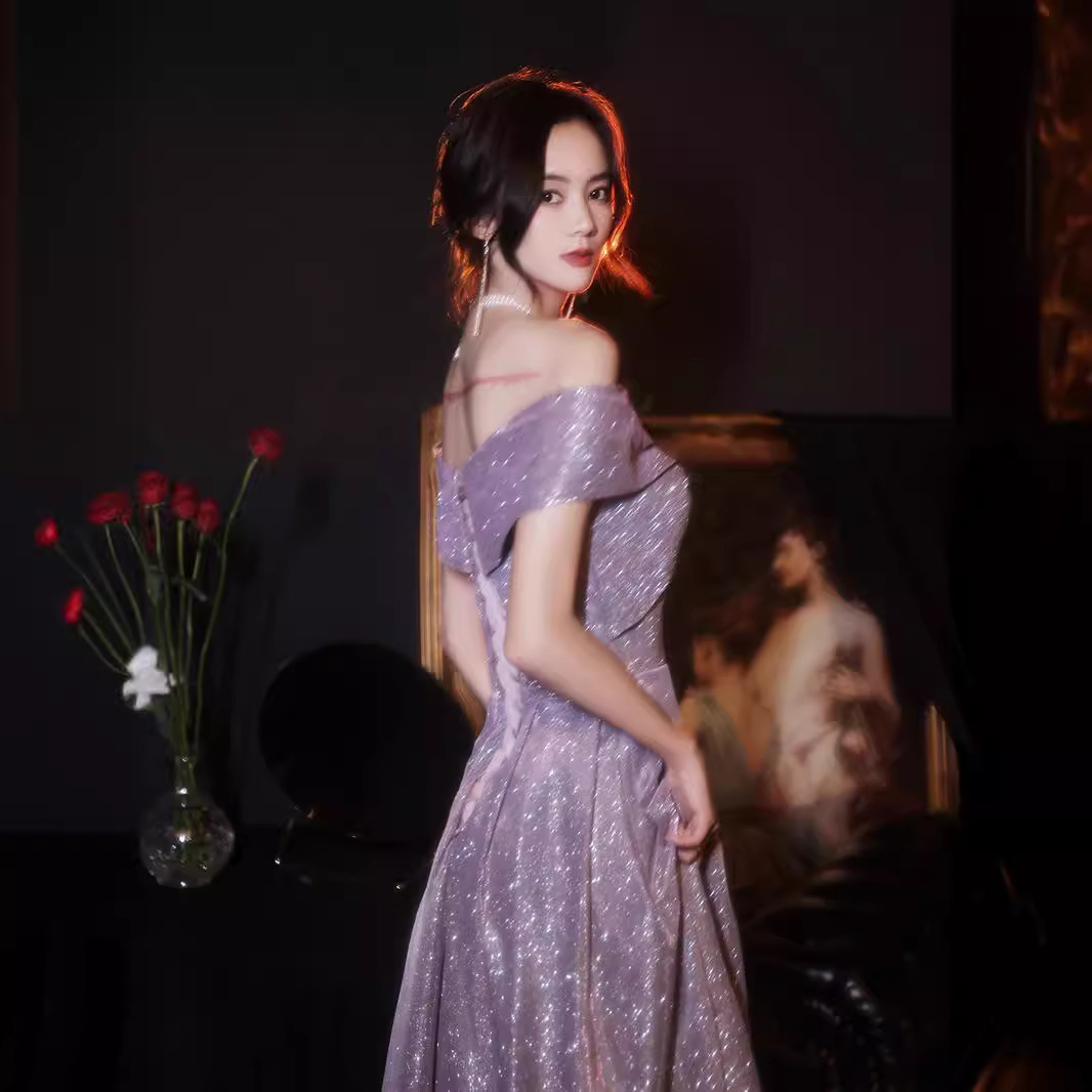 One-Shoulder Art Candidates Evening Dress Accessible Luxury New 2025 Texture Art Candidates Fairy Host Starry Sky Annual Meeting Dress
