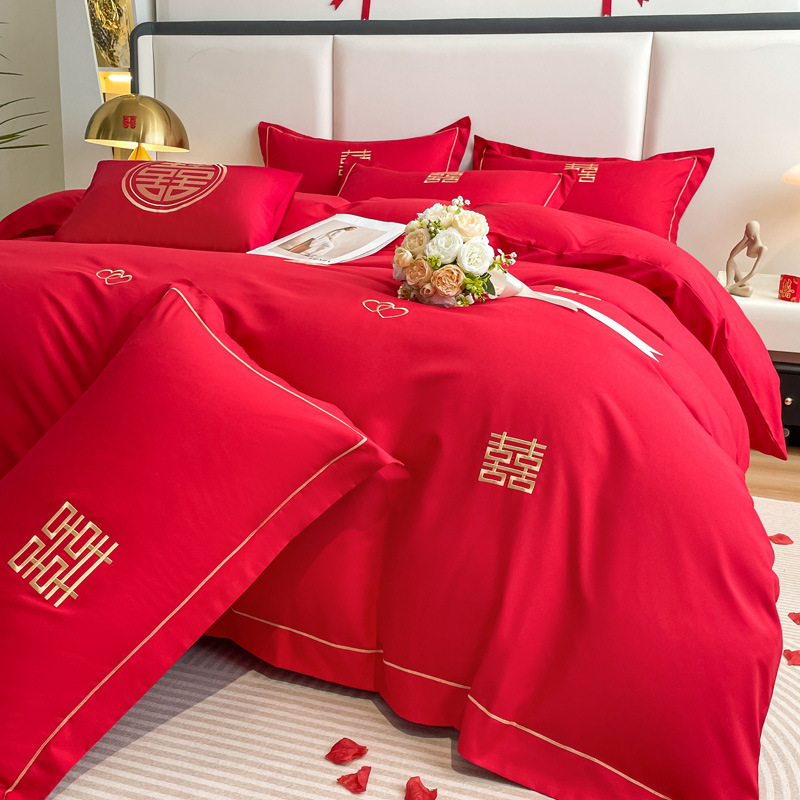 Picture of Comfortable Washed Thickeneded Brushed Wedding Embroider Four-Piece Set Red Wedding Quilt Cover Four-Piece Fitted Sheet Set