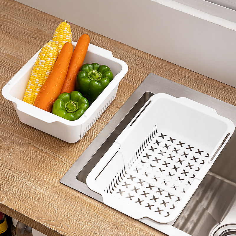Retractable Vegetable Washing Basin Draining Basket Double-Layer Plastic Washing Basket Kitchen Fruit Basket Sink Water Basket Household New Style