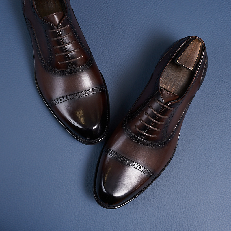 Men's British Style Genuine Leather Brogue Casual Goodyear Retro Round-Toe Handmade Shoes