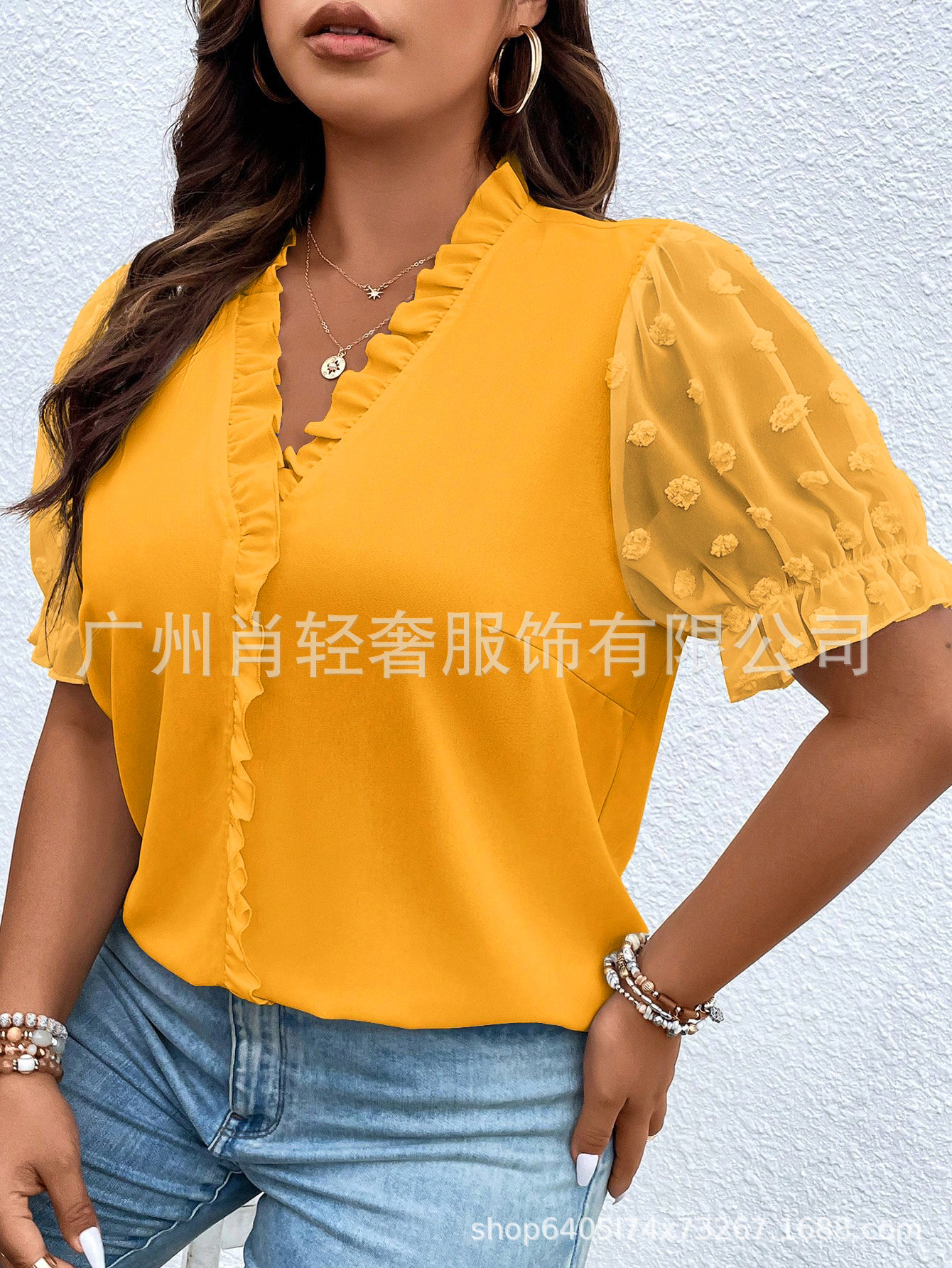 Cross-border European and American Women's Fashion Elegant Elegant V-neck Shirt Lace Stitching Top Hot Selling Explosions