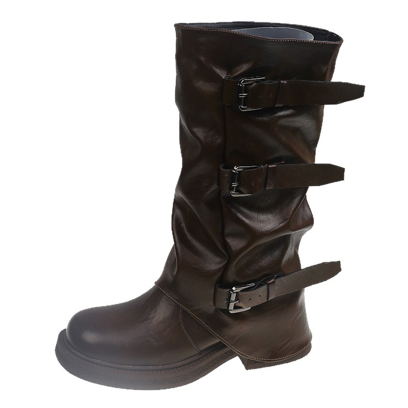 Picture of Internet celebrity belt buckle mid-leg boots women's boots autumn and winter new niche retro wasteland style pleated fashion trouser boots women