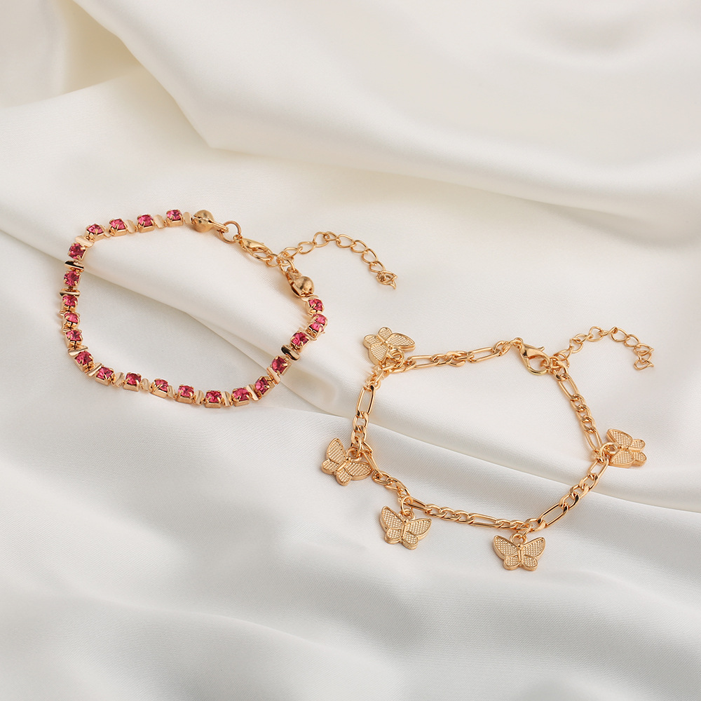 Picture of European and American Simple and Sweet Pink Claw Chain Copper Ornaments Butterfly Tassel Foot Ornaments Multi-Layered 2-Piece Set Anklets