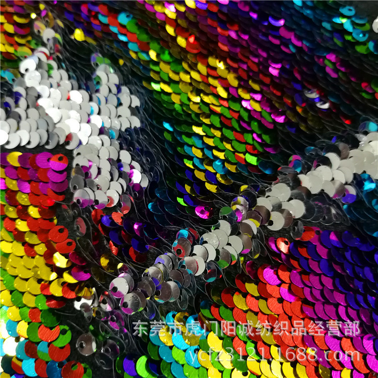 Picture of Beaded Colorful Two-color Flip Fish Scale Fabric Satin Mesh Bottom Sequin Fabric Fashion Clothing Dress Fabric