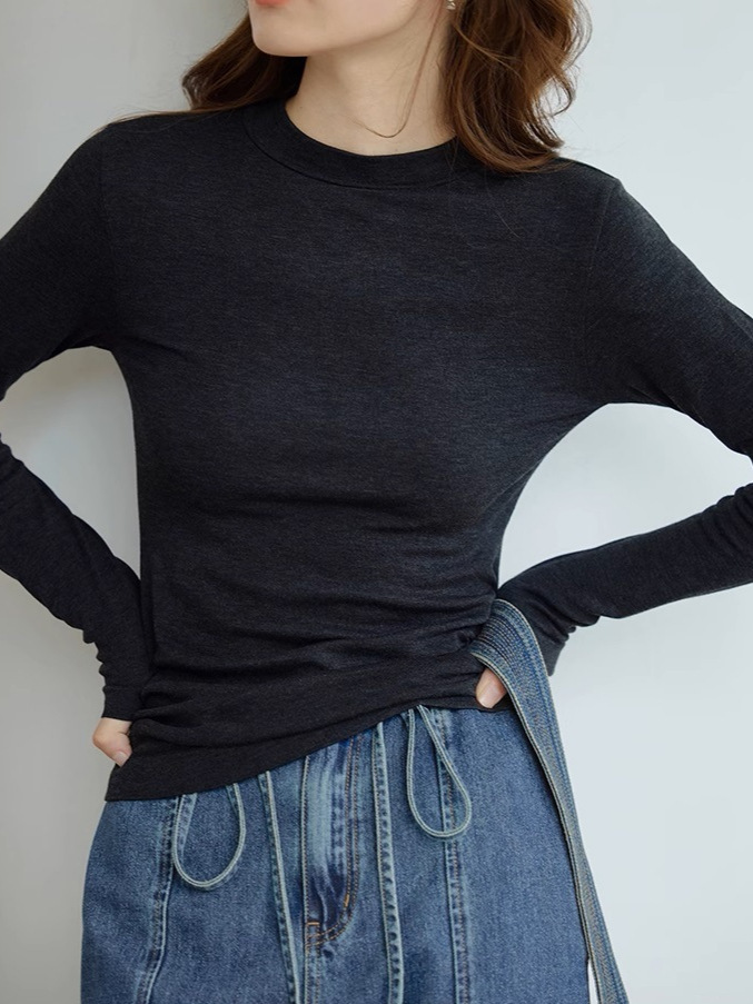 [in stock] 1313 sheep wool blended dark gray bottoming shirt autumn women's semi-high crew neck pullover skin-friendly slim T-shirt