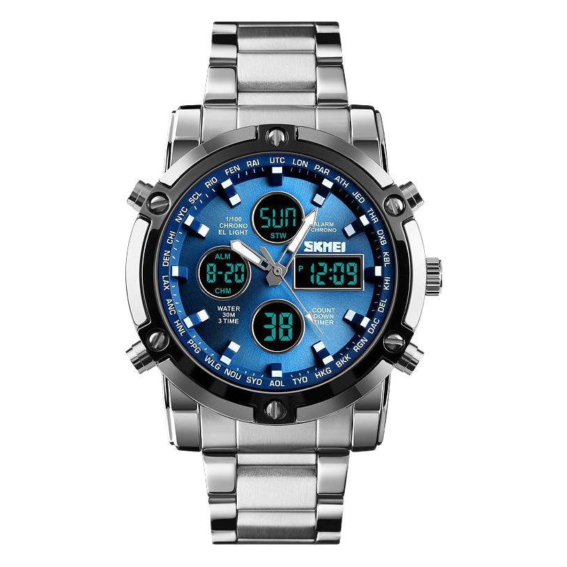 Skmei fashion watch trend multi-functional three-time large dial Business Men's electronic steel strap watch wholesale