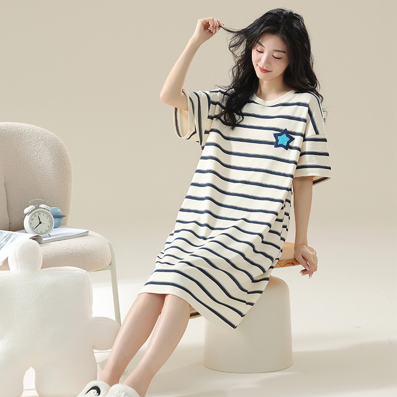 Class a Antibacterial Short-Sleeved Nightgown for Women Summer Pure Cotton Loose Large Size Korean Style Casual Cartoon Maternity Dress