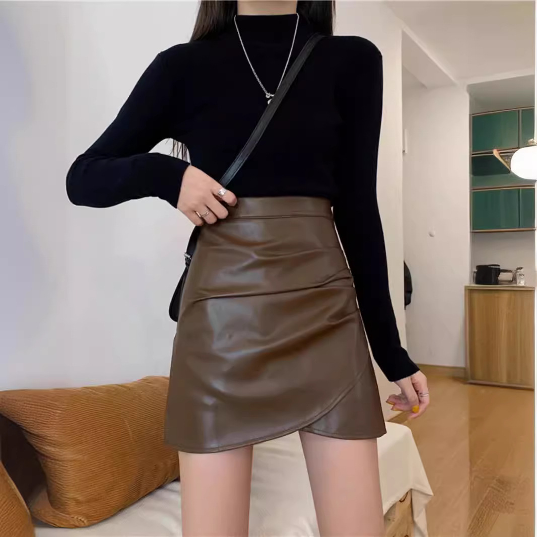 Brown Pleated Leather Skirt Women's Fall/Winter 2025 High Waist Fashion Slim A- Line Skirt PU Leather Hip Skirt