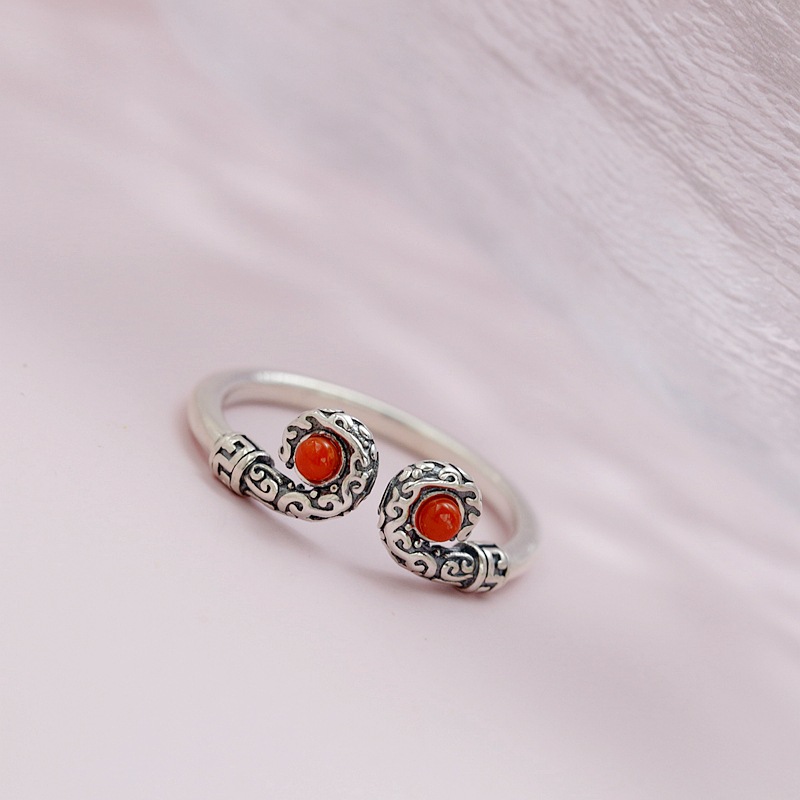 Nafoge silver jewelry wholesale inlaid natural south red agate handmade silver ring vintage ladies 925 sterling silver ring