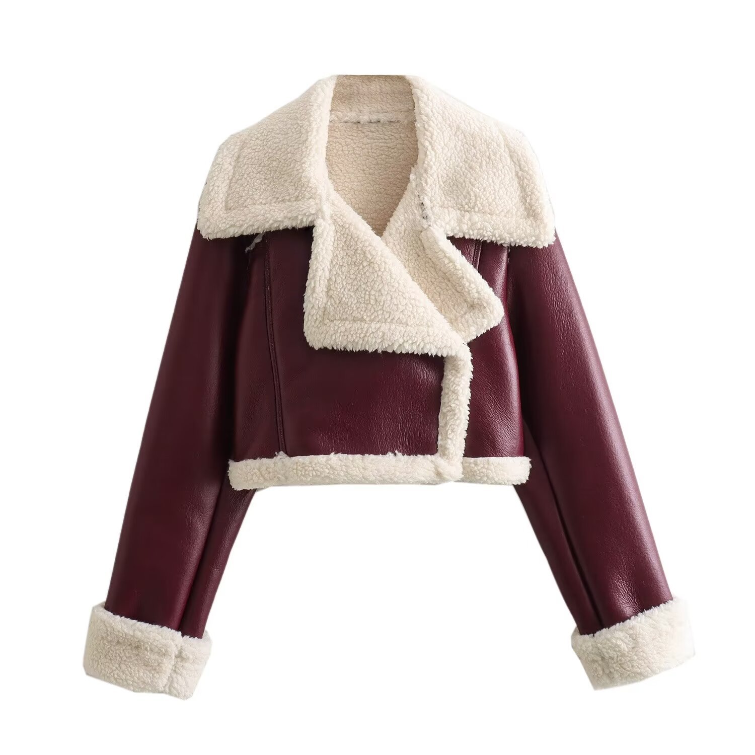 Picture of 2024 autumn and winter new European and American style double-sided loose short PU leather jacket zipper decoration fur one-piece leather jacket