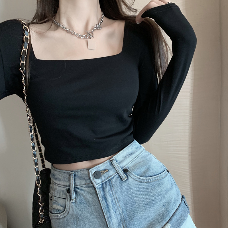 Picture of Square Collar Pure Color T-Shirt for Women 2025 Spring & Fall Long-Sleeved Pure Color Short T-Shirt for Women Slim Fit with Square Collar Top Export