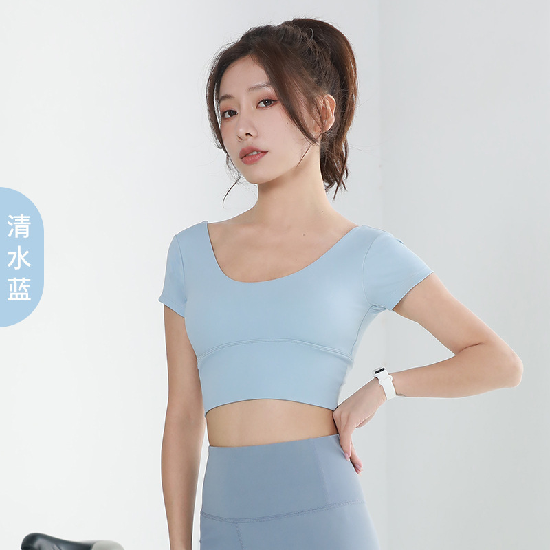 Picture of Juyitang Yoga Clothing Sports Navel-exposed Short-sleeved V-neck T-shirt Beautiful Strap Chest Pad Running Sports Tight Small Top