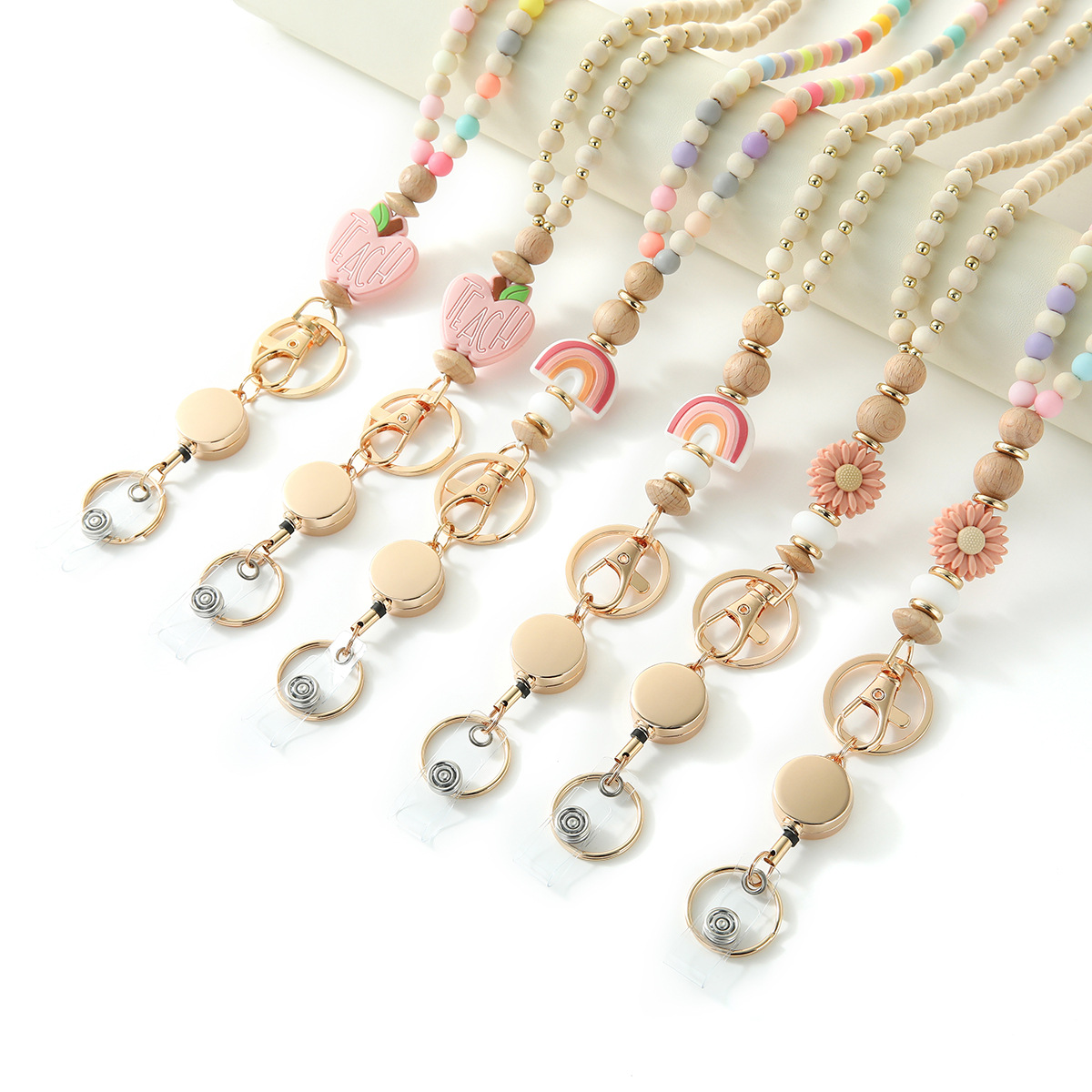 New cross-border wooden beads handmade beaded necklace key chain easy pull-up rainbow key ring work card lanyard pendant
