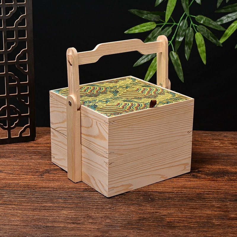 Wooden basket double-layer gift box pastry nut packaging box double-layer gift packaging gift box Mid-Autumn Festival wooden carrying box