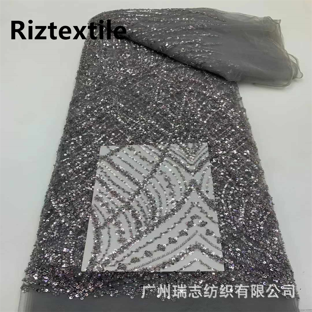 Picture of Chain line flower bead embroidery fabric European and American stereo sequins embroidery dress lace French lace