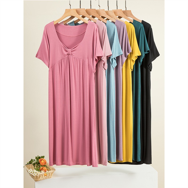 Modal nightdress women's summer thin nightdress chubby girl Ice Silk Loose plus size short sleeve dress mid-length homewear