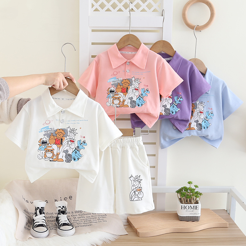 Boys Summer Cartoon Polo Shirt Short-sleeved suit 2025 New Children's Western Style Baby Summer Two-piece Clothes