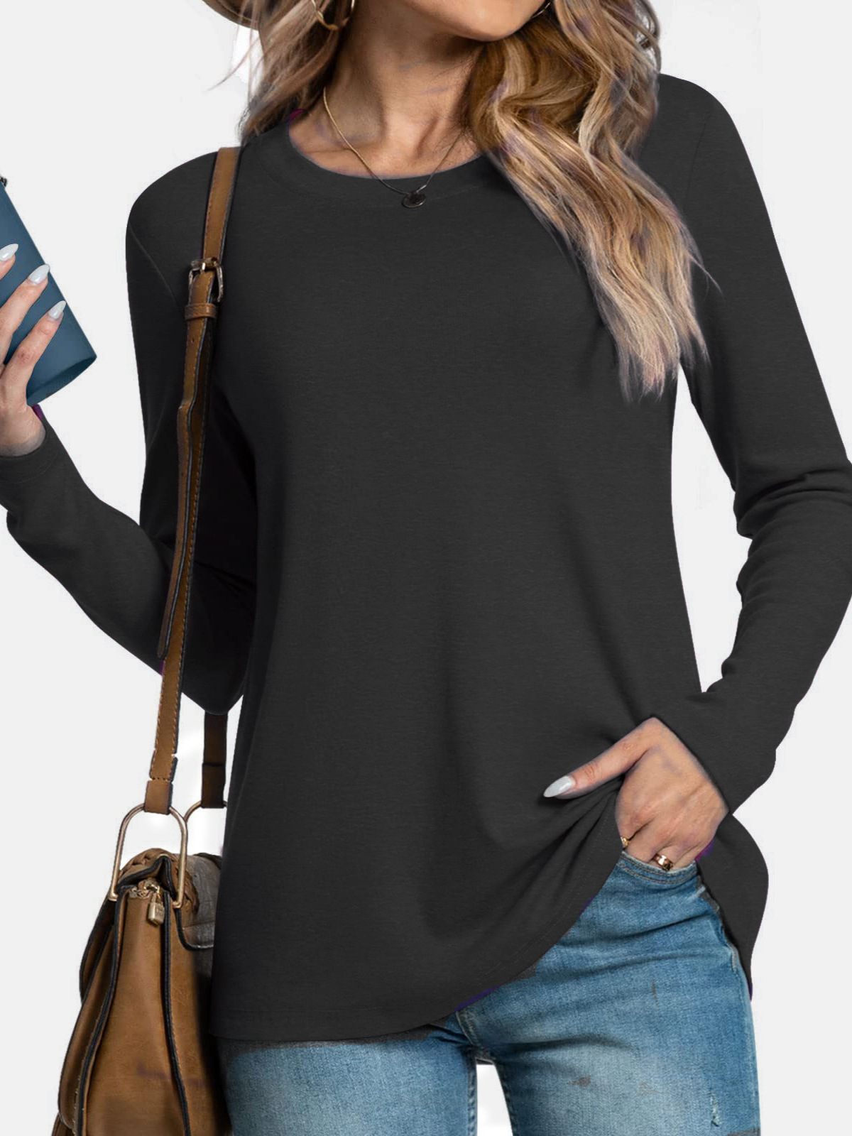 Europe and the United States cross-border foreign trade Amazon independent station women's 2024 autumn new solid color casual round neck long sleeve T-shirt