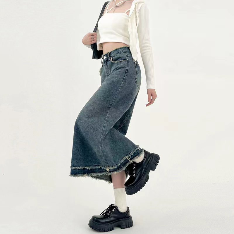 Denim skirt women's small design autumn and winter long skirt A- Line skirt high waist retro mid-length frayed skirt