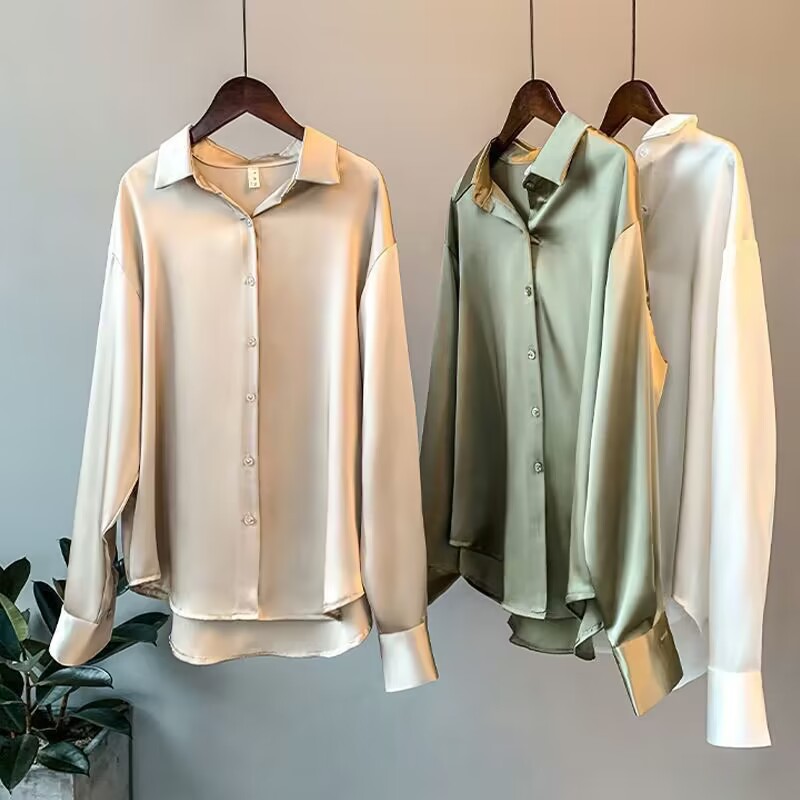 Picture of Long-sleeved Satin Shirt Women's Design Niche 2022 Spring & Fall New Versatile Drapedy Retro Hong Kong Style Shirt Top