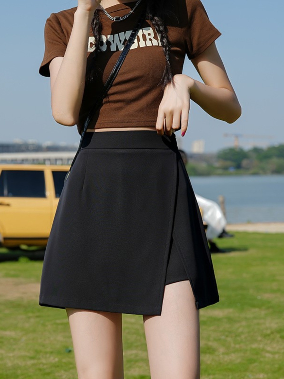Skirt Women's Summer Split One-Step Skirt Black chubby girl High Waist Skirt Pear Shape Figure Leg Long A- line Skirt Pants