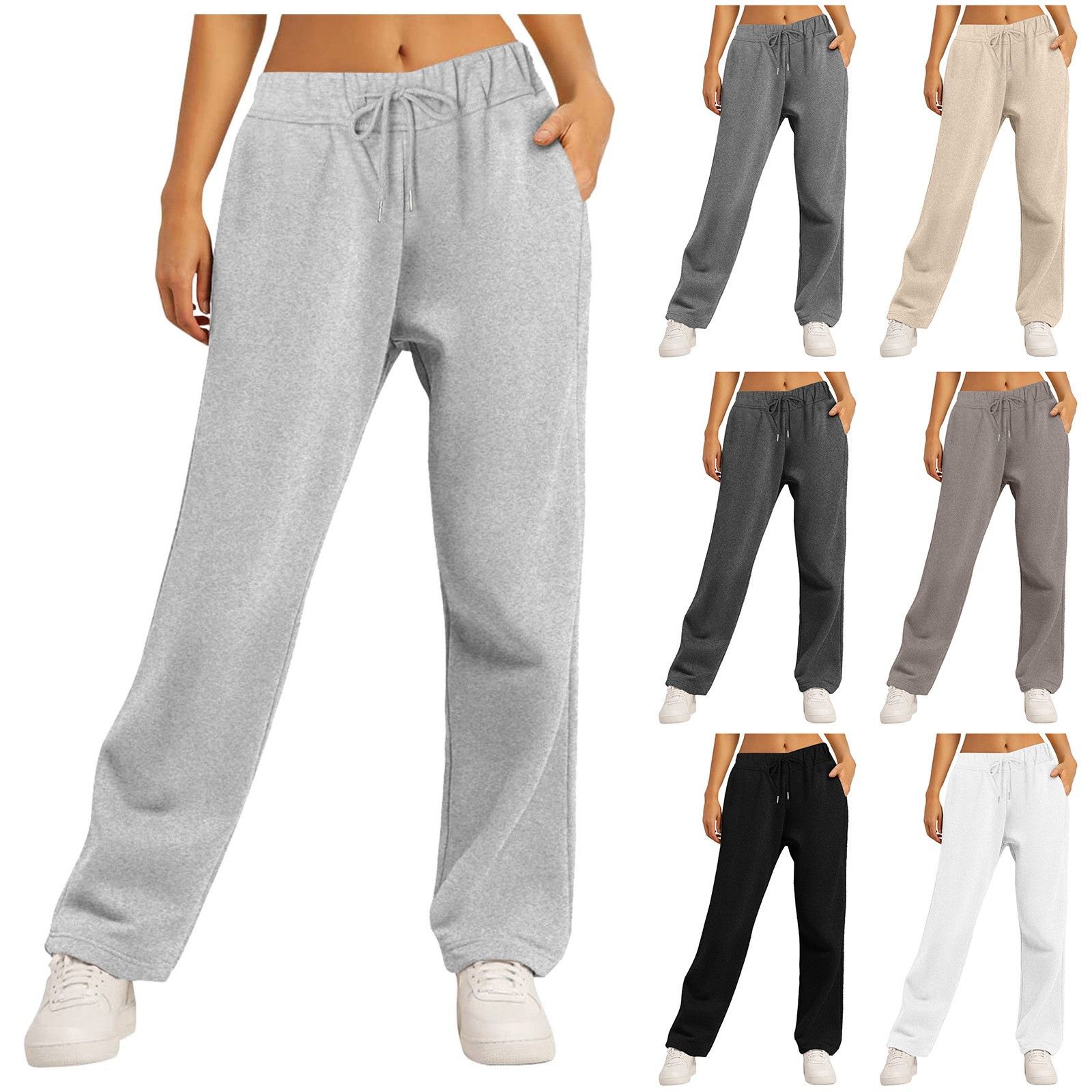 Picture of Amazon new side pocket elastic waist pants rope solid color straight wide leg fleece padded pants 9702