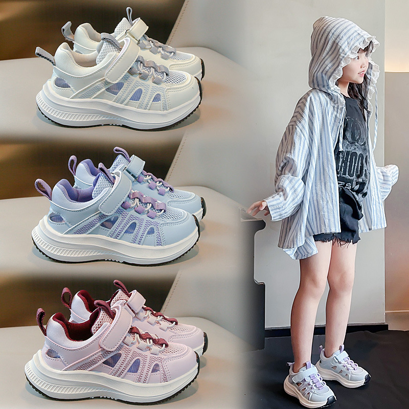 2025 New Girls Sports Shoes Spring and Summer Children's Breathable Single Mesh Running Shoes Girls Soft Sole Lightweight Dad Shoes