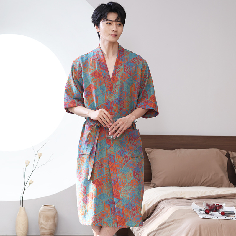 Picture of Class A Spring and Summer Thin Pajamas Pure Cotton Double Gauze Bathrobe Home Clothes Nightgown Couple's Water Absorbent Quick-drying Bathrobe