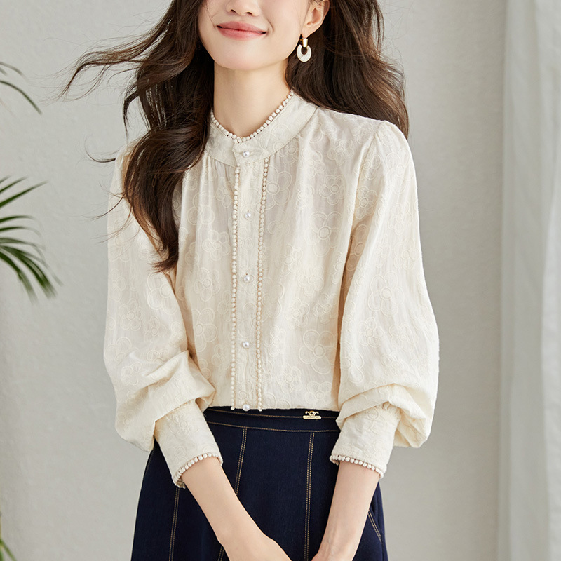 Cotton Cocoon Pearl Button Apricot Shirt Women's Long Sleeve 2025 Spring Round Neck Embroidered Top Pure Cotton Temperament Shirt