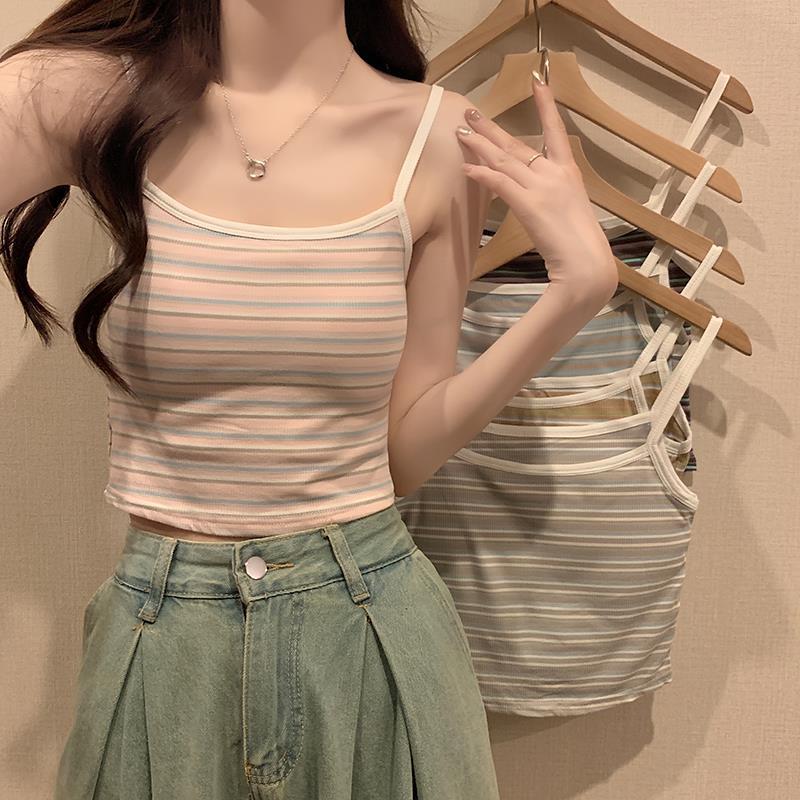 Pure Cotton Camisole Women's Outer Wear Summer 2023 New Style Bottoming Striped Short Hot Girl Top with Chest Pad