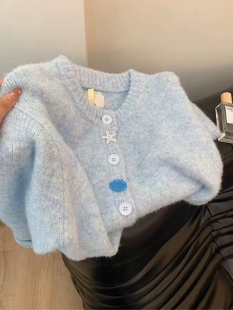 Picture of Korean Style Soft Waxy Lazy Style Blue Sweater Coat Women's Autumn High-end Loose Slimming Knitted Cardigan Top Trendy