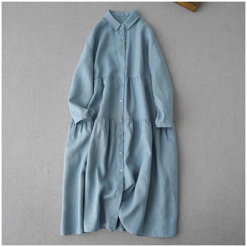 2024 Spring Artistic Cotton and Linen Women's POLO Collar Long-sleeved Dress Women's Single-breasted Stitching Fashionable Simple Long Dress