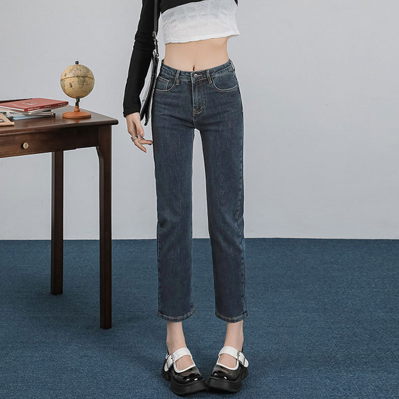 Picture of Black gray jeans women's net red autumn and winter stretch high waist straight pants all-match slim fit cropped smoke tube French stick pants
