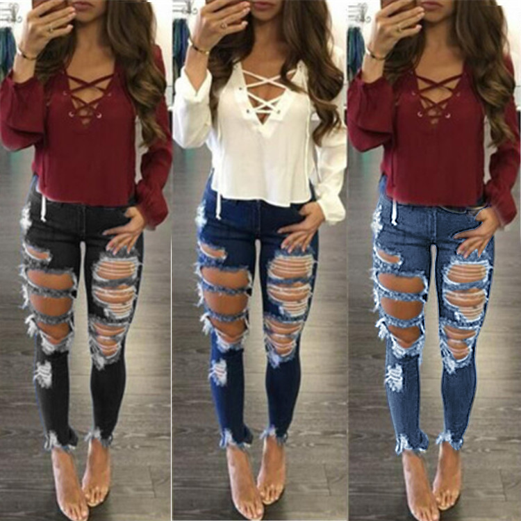 Picture of AliExpress ebay Amazon Women's ripped jeans leggings foreign trade women's jeans women's clothing