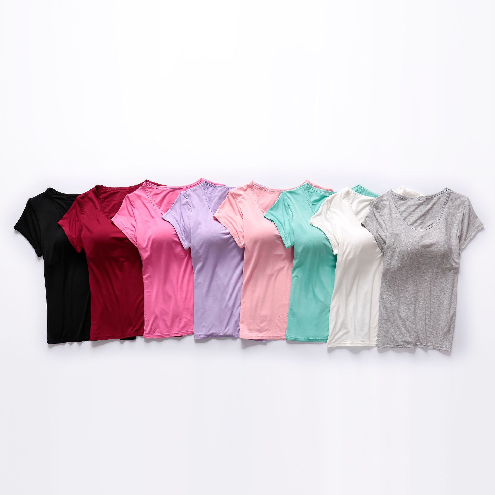 Picture of Modal T-shirt Women's Spring and Autumn Solid Color Short-sleeved Bra-free Yoga Bottoming Outer Wearing Cup All-in-one Home Clothes Inner Wearing