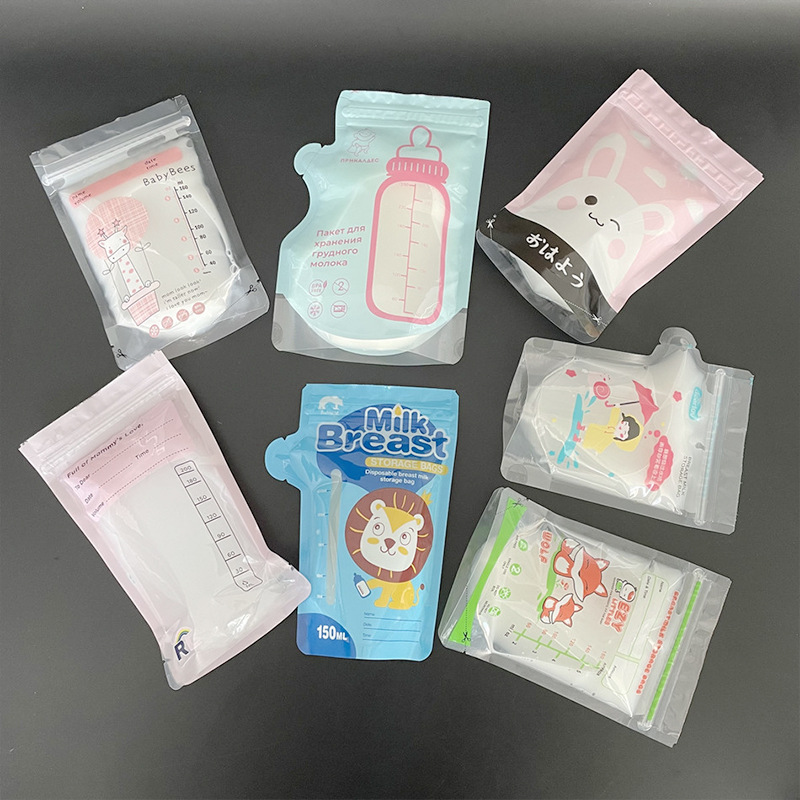 Picture of Breast Milk Storage Bag Manufacturer with Suction Nozzle 30 Pieces/Box Standing Breast Milk Bag Pe Material Thickeneded Colorful Milk Storage Bag