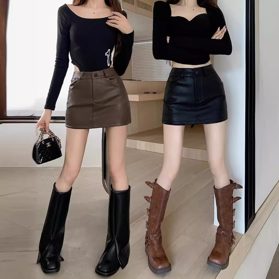 brown pu leather skirt women's 2025 autumn and winter new high waist plus size chubby girl slim hip hot girl skirt
