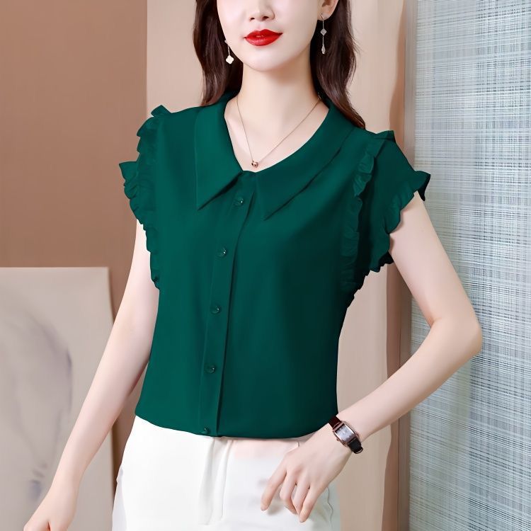 Picture of Age-Reducing Belly-Covering Slimming Doll Collar Chiffon Shirt Women's Short-Sleeved Summer Stylike Top Solid Color Ruffled Shirt