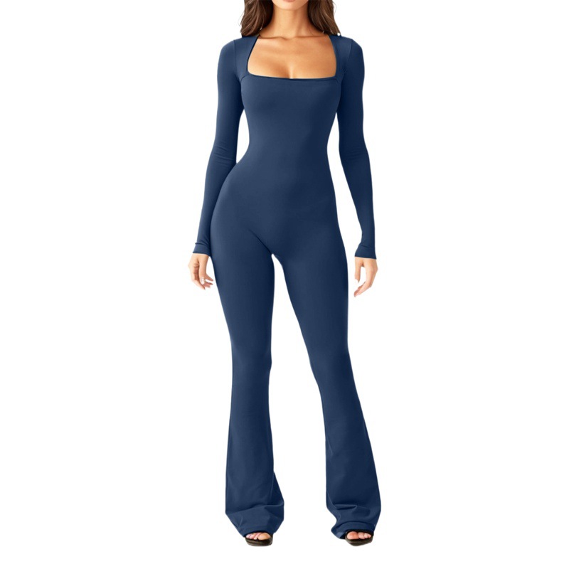 Cross-border 2024 Europe and America Amazon Foreign Trade Women's Long-sleeved Belly Waist-lifting Hip-lifting Square Collar Wide-leg High-elastic Jumpsuit