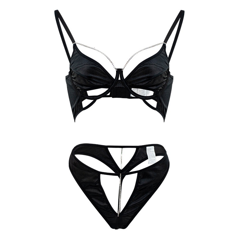 Sexy Temptation Deep V-neck Hollow Backless Bra Thong Metal Chain Women's Suit Sexy Underwear Two-piece Set