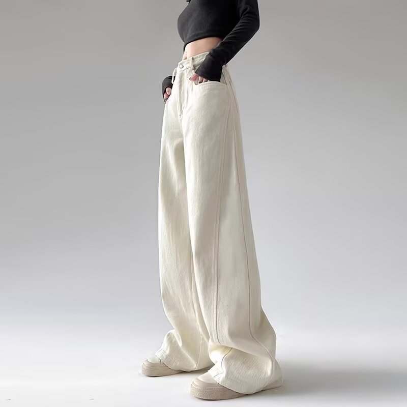White Wide Leg Jeans Women's Spring and Autumn High Street Banana Pants American Style Retro High Waist Straight Loose Dumped Pants