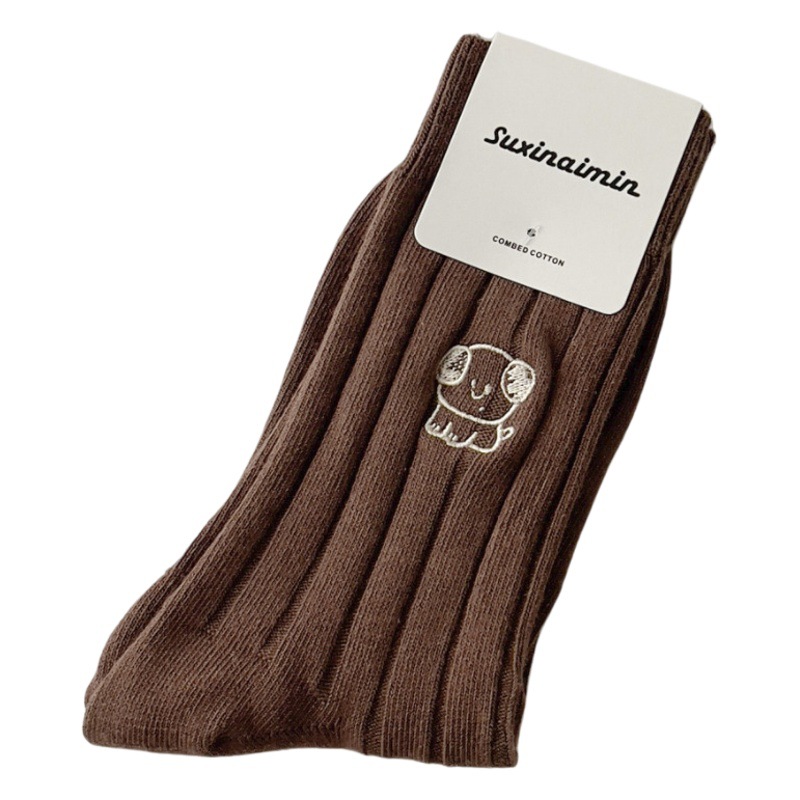 suxinaimin Autumn and Winter Double Needle Embroidered Puppy Mid-length Socks Instagram Fashionable Stacking Socks for Girls Japanese Style Cotton Socks