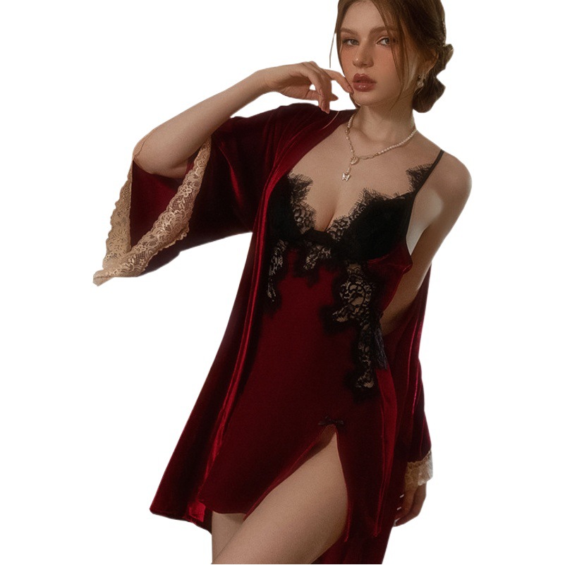 French Style Sexy Thin Sling Pajamas Women's Summer Lace Perspective Stitching Nightdress Silky Ice Silk Fashionable Home Clothes